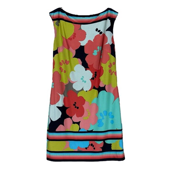 Trina Turk 60s Mod Floral Print Boat Neck Stretch Dress Black Peach Aqua Size 2 - Picture 1 of 9